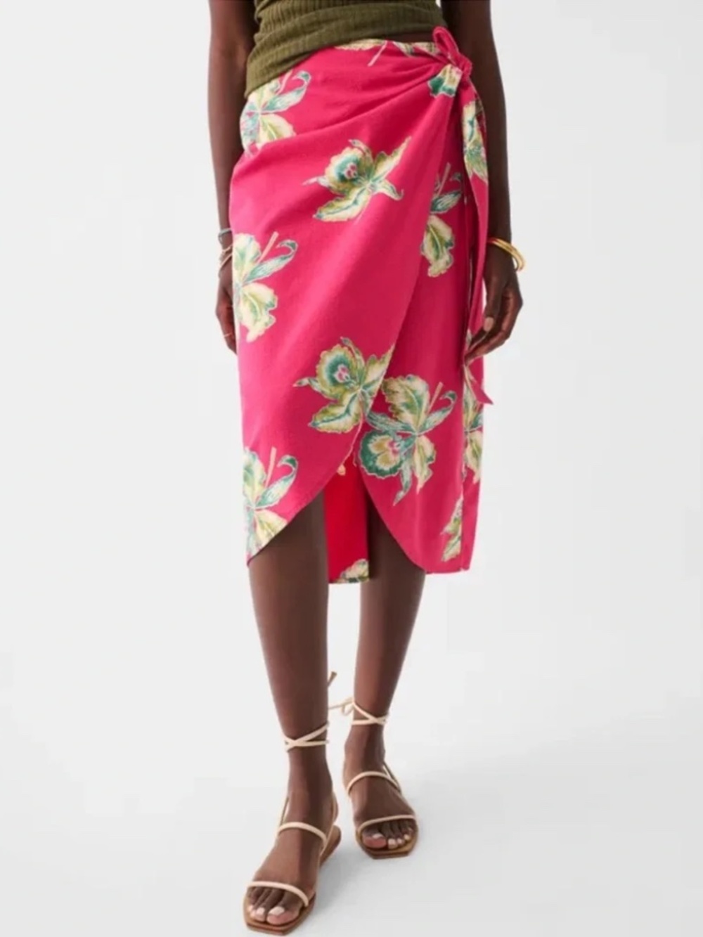 Faherty Women's Pacifica Seersucker Wrap Floral Midi Skirt Size M Pink Vacation